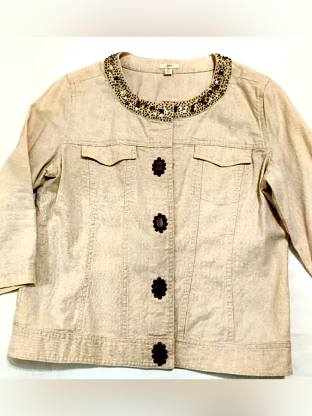 Vintage J. Jill Linen & Cotton Beaded Jacket Med Petite beaded neckline Western